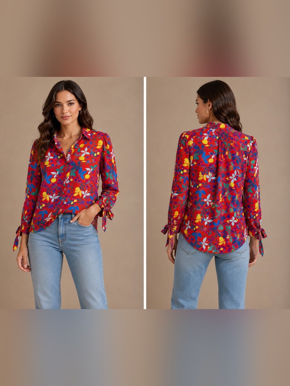 Bright Red Floral Tie-Sleeve Button-Up Blouse $B27